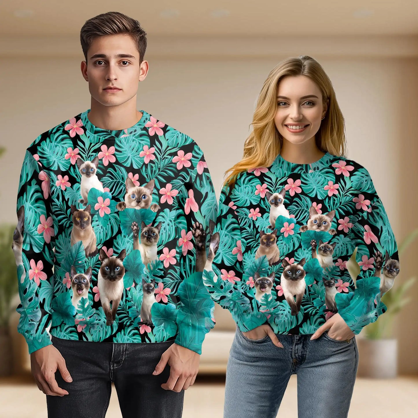 Tropical Siamese Cat Sweatshirt, 3D All Over Print Beach Cat Crewneck Pullover for Men Women, Siamese Cat Lover Gift - Netecom