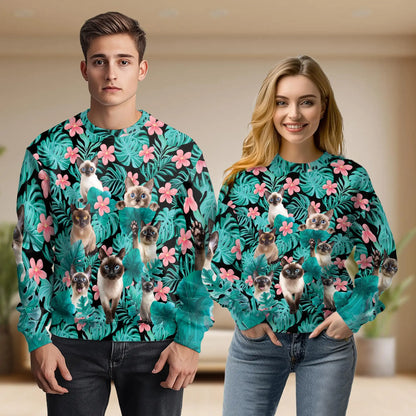 Tropical Siamese Cat Sweatshirt, 3D All Over Print Beach Cat Crewneck Pullover for Men Women, Siamese Cat Lover Gift - Netecom