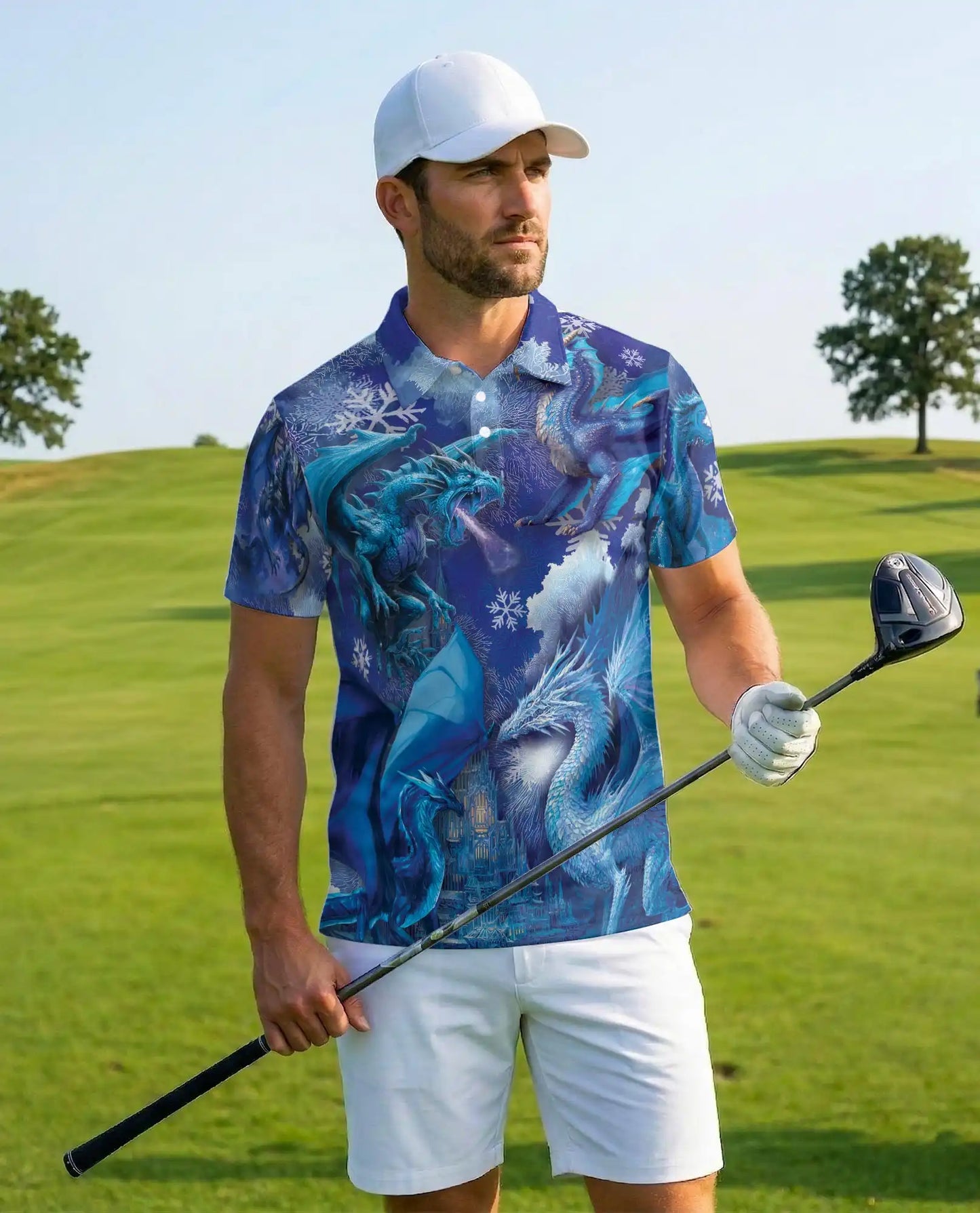 Blue Ice Dragon Polo Shirt for Men – Winter Fantasy Design | Netecom