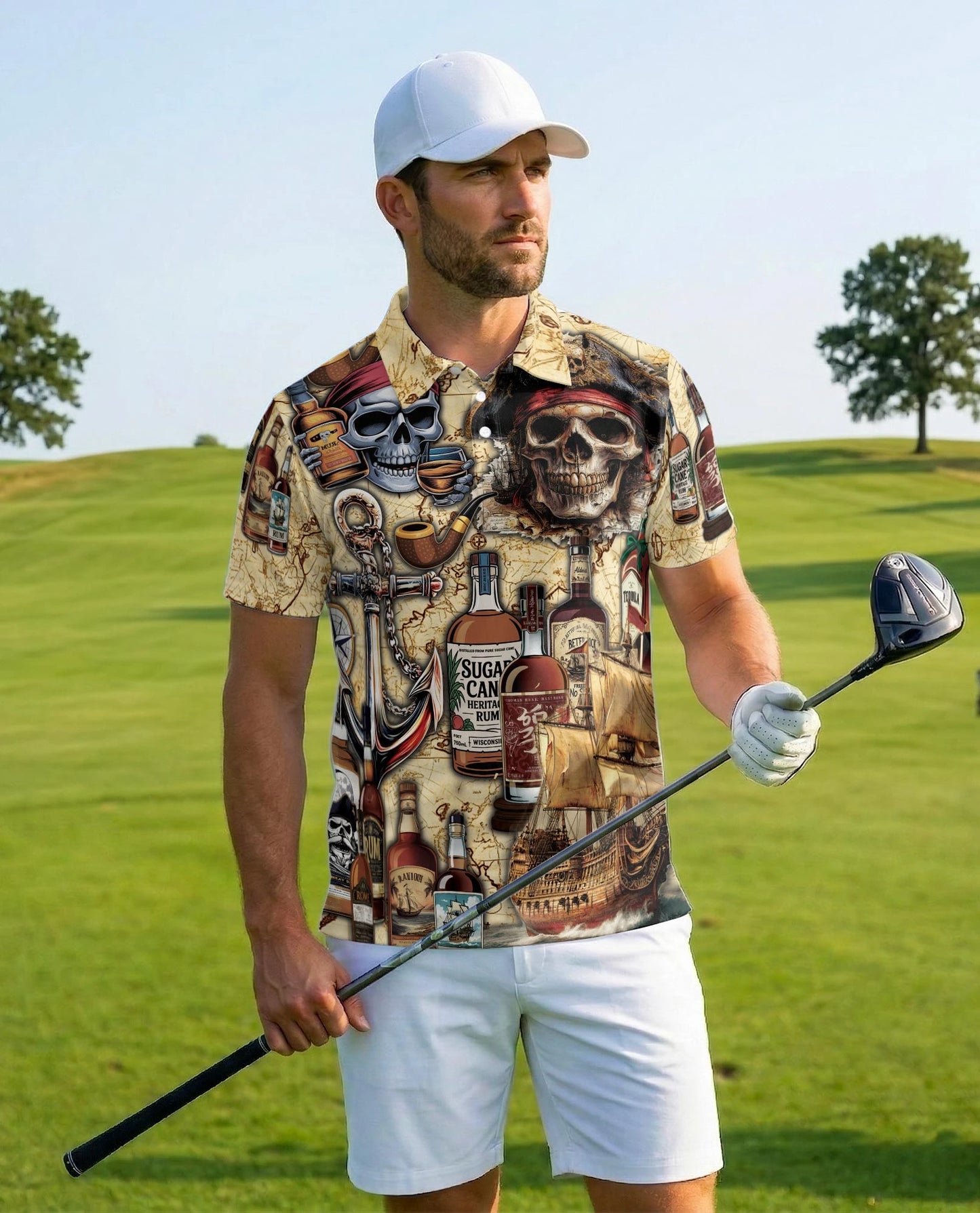 Caribbean Pirate Skull Polo Shirt for Men – Tropical Adventure Style | Netecom