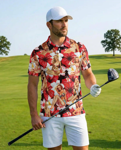 Pin Up Girl Polo Shirt – Retro Tropical Floral Print | Netecom