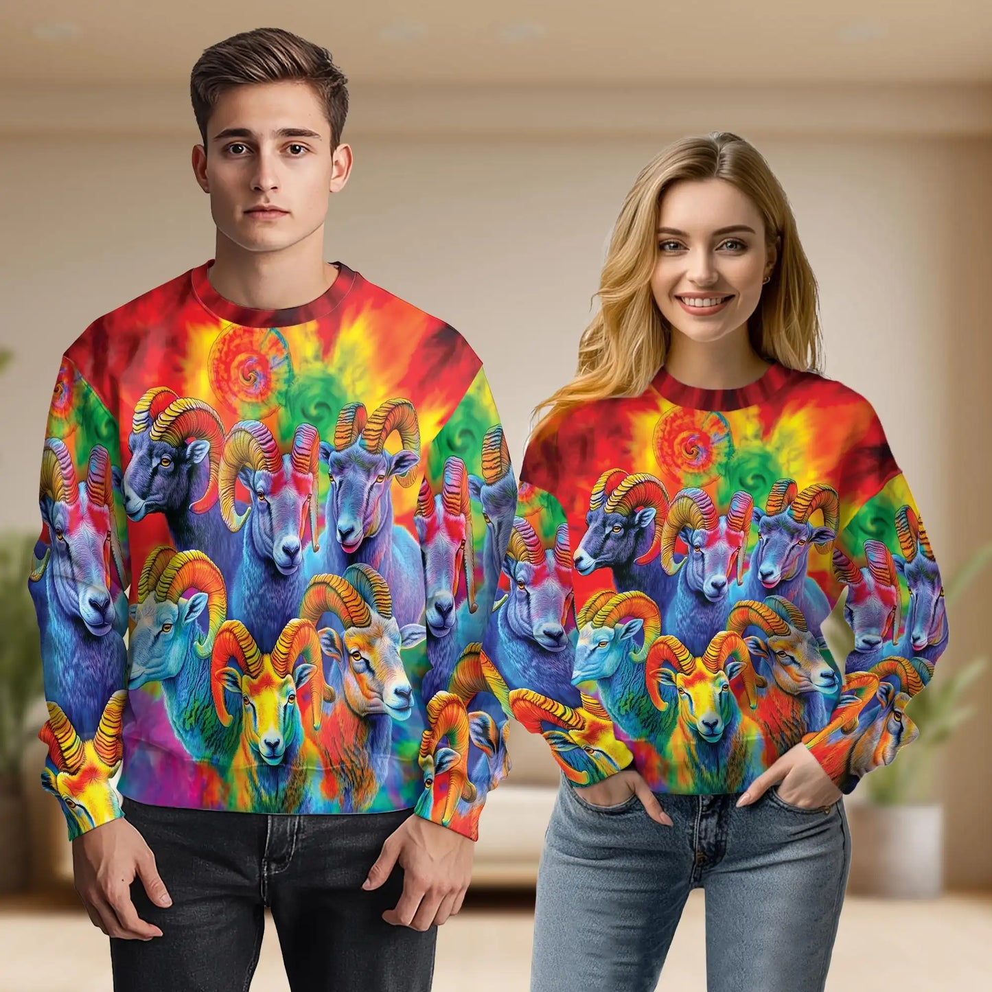 Colorful Bighorn Sheep Sweatshirt, 3D All Over Print Wildlife Mountain Crewneck Pullover for Men Women, Bighorn Sheep Lover Gift - Netecom