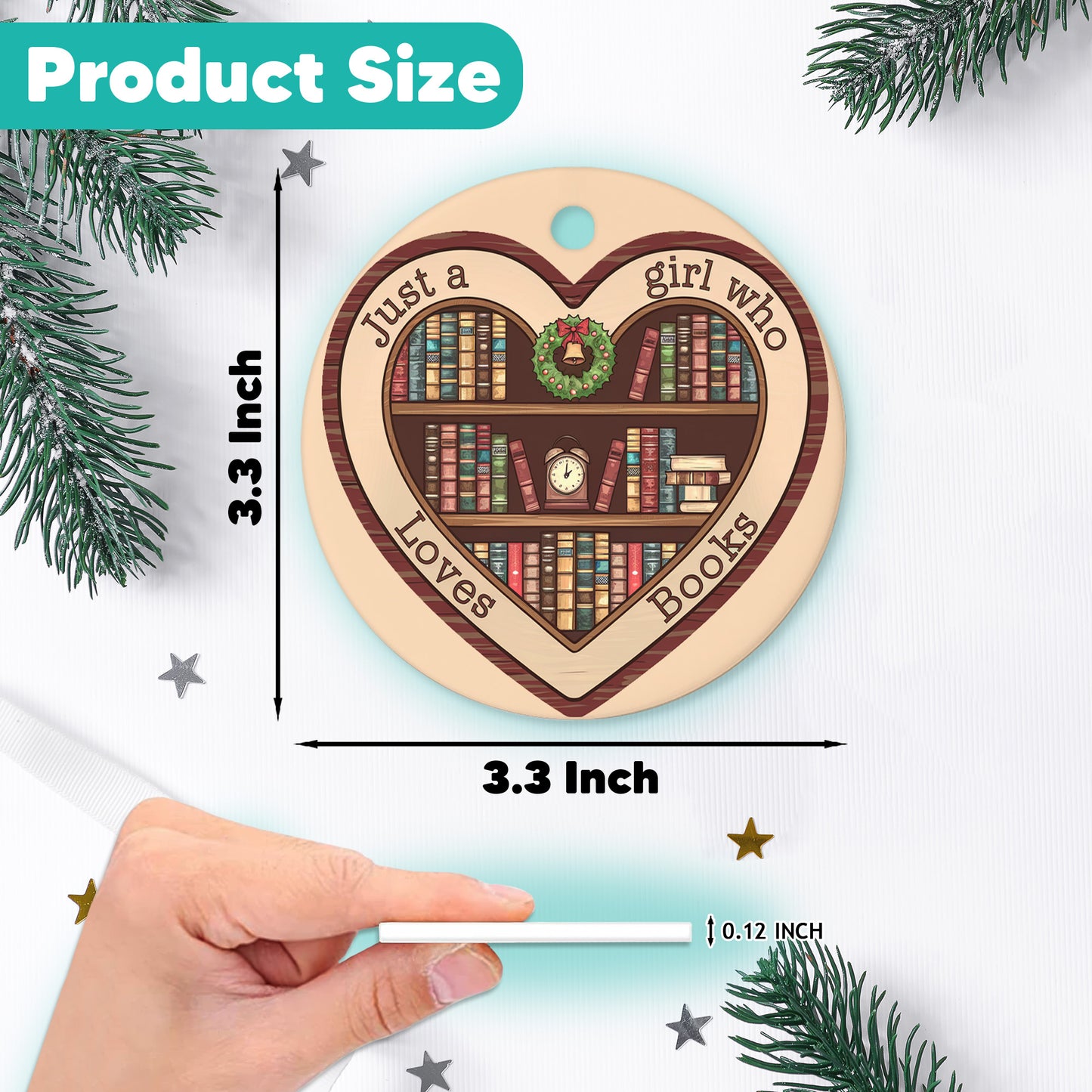 Netecom Just a Girl Who Loves Books Ornament, Bookshelf Heart Ceramic Ornament for Christmas Tree Hanging Decorations Gift, Book Lover Gifts for Women Librarian Teacher Bookworm, Party Present