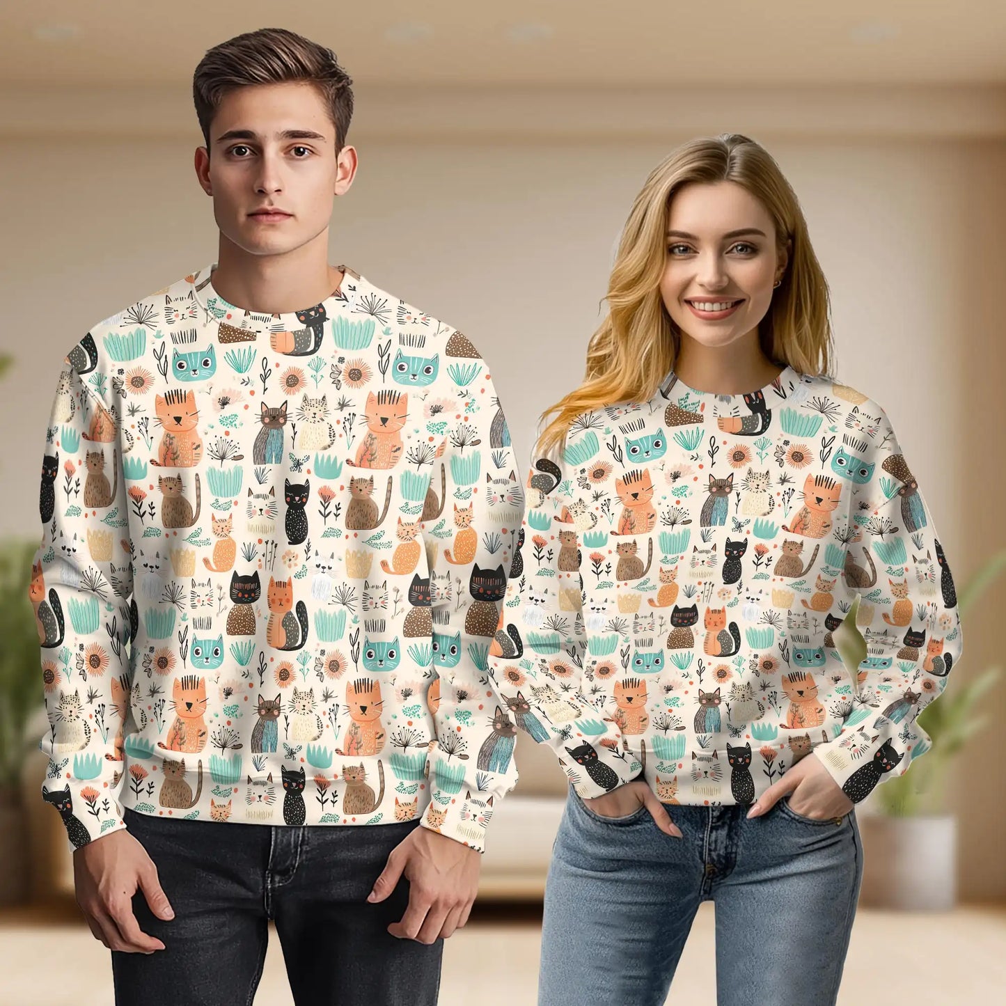 Abstract Cat Sweatshirt, 3D All Over Print Trees and Flowers Crewneck Pullover for Men Women, Cat Lover Gift - Netecom