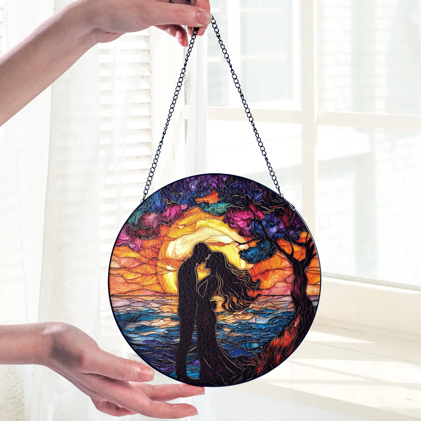 Netecom Romantic Couple Stained Glass Ornament – Sunset Silhouette Sun Catcher, Ideal Gift for Lovers