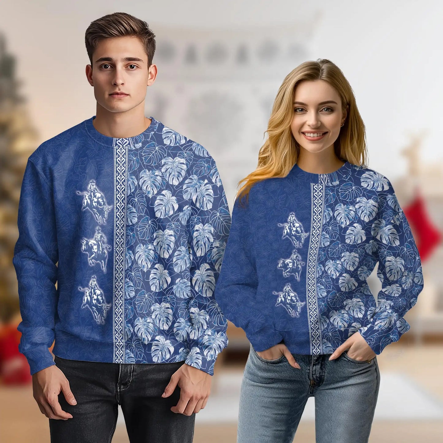 Bull Riding White Leaves Sweatshirt, 3D All Over Print Western Rodeo Crewneck Pullover for Men Women, Bull Rider Gift - Netecom