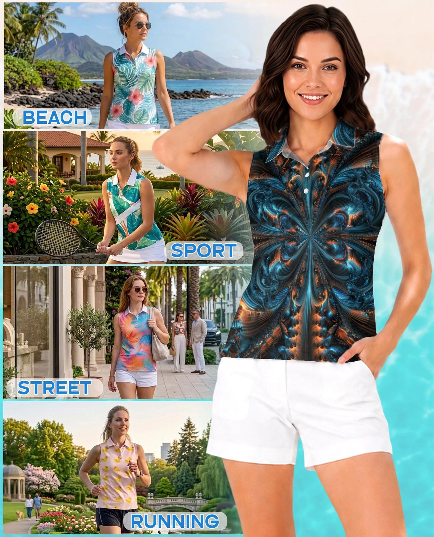 Fractal Art Pattern Sleeveless Polo Shirt for Women | Netecom