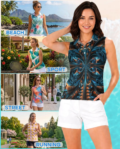 Fractal Art Pattern Sleeveless Polo Shirt for Women | Netecom