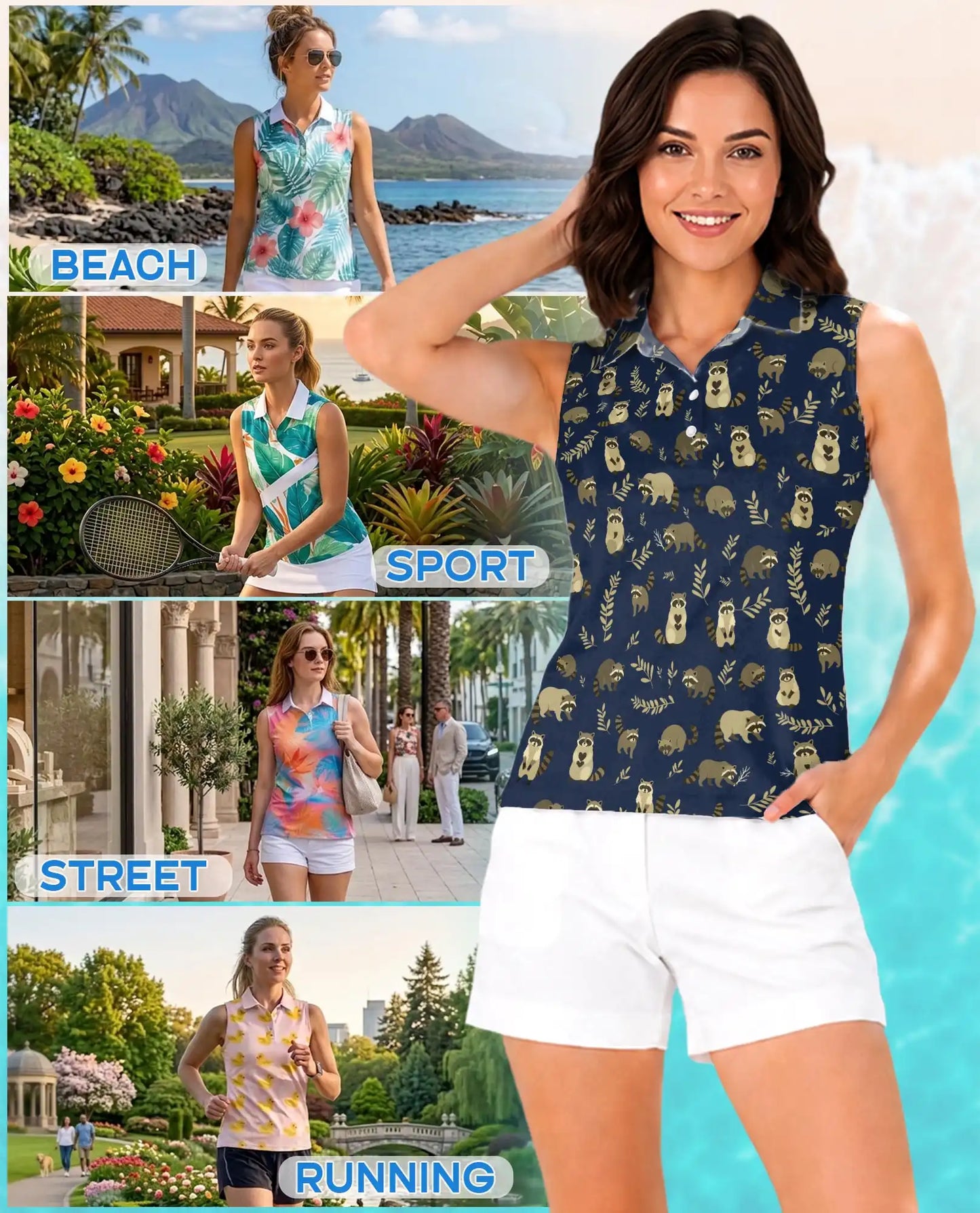 Navy Raccoon Pattern Sleeveless Polo Shirt for Women | Netecom