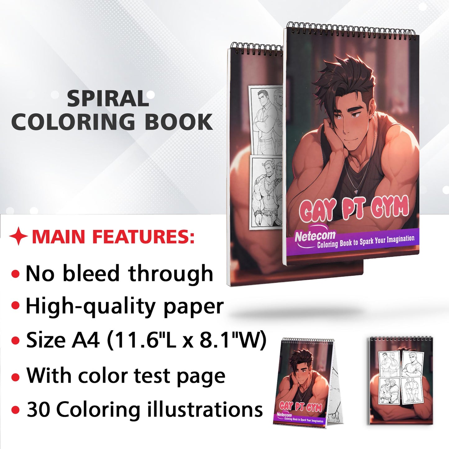 Gay PT Gym Spiral Bound Coloring Book, Explore the Vibrant World of LGBTQ+ Individuals at the Gym with 30 Exquisitely Illustrated Coloring Pages.