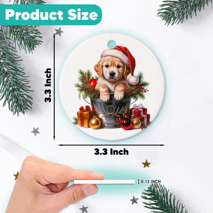 Netecom Cute Golden Retriever in Bucket Ornament, Dog with Santa Hat Ceramic Ornament for Christmas Tree Hanging Decorations Gift, Puppy Lover Gifts, Home Decor, Holiday Party Present