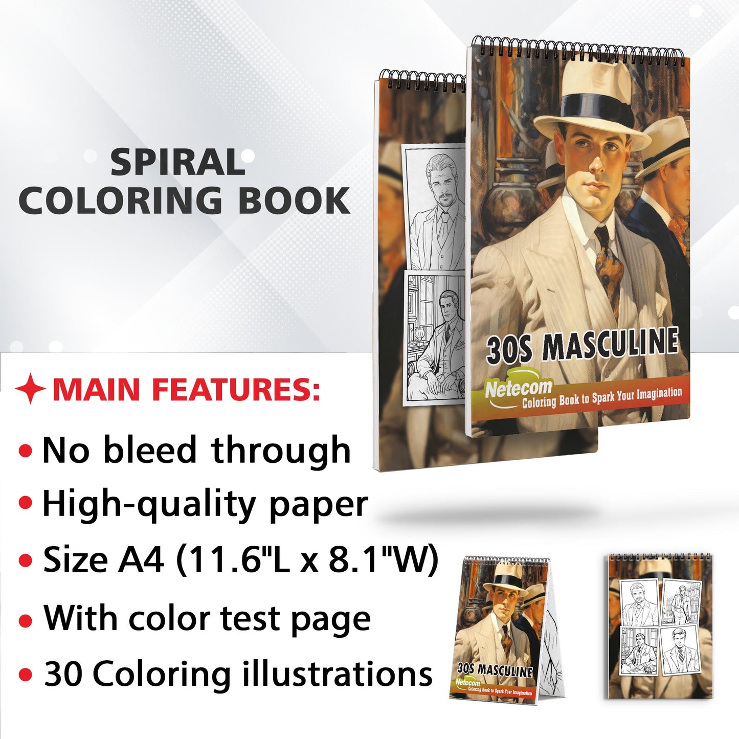 30s Masculine Spiral Bound Coloring Book, Unwind with 30 Serene Coloring Pages, Providing Therapeutic Relaxation and a Sense of Timeless Masculine Grace