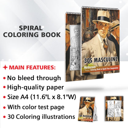 30s Masculine Spiral Bound Coloring Book, Unwind with 30 Serene Coloring Pages, Providing Therapeutic Relaxation and a Sense of Timeless Masculine Grace