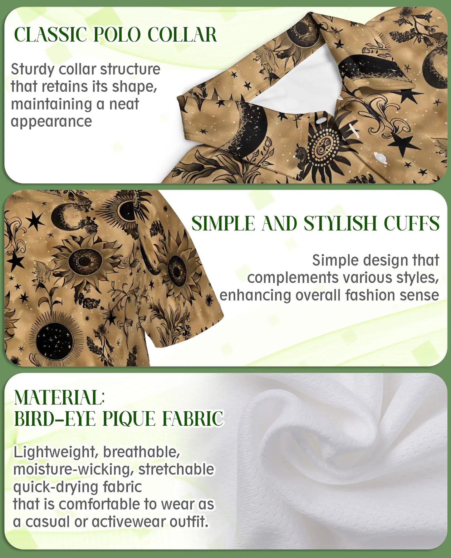 Celestial Sunflower Polo Shirt for Men-Boho Moon Stars Botanical Floral Shirt | Netecom
