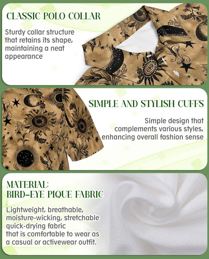 Celestial Sunflower Polo Shirt for Men-Boho Moon Stars Botanical Floral Shirt | Netecom