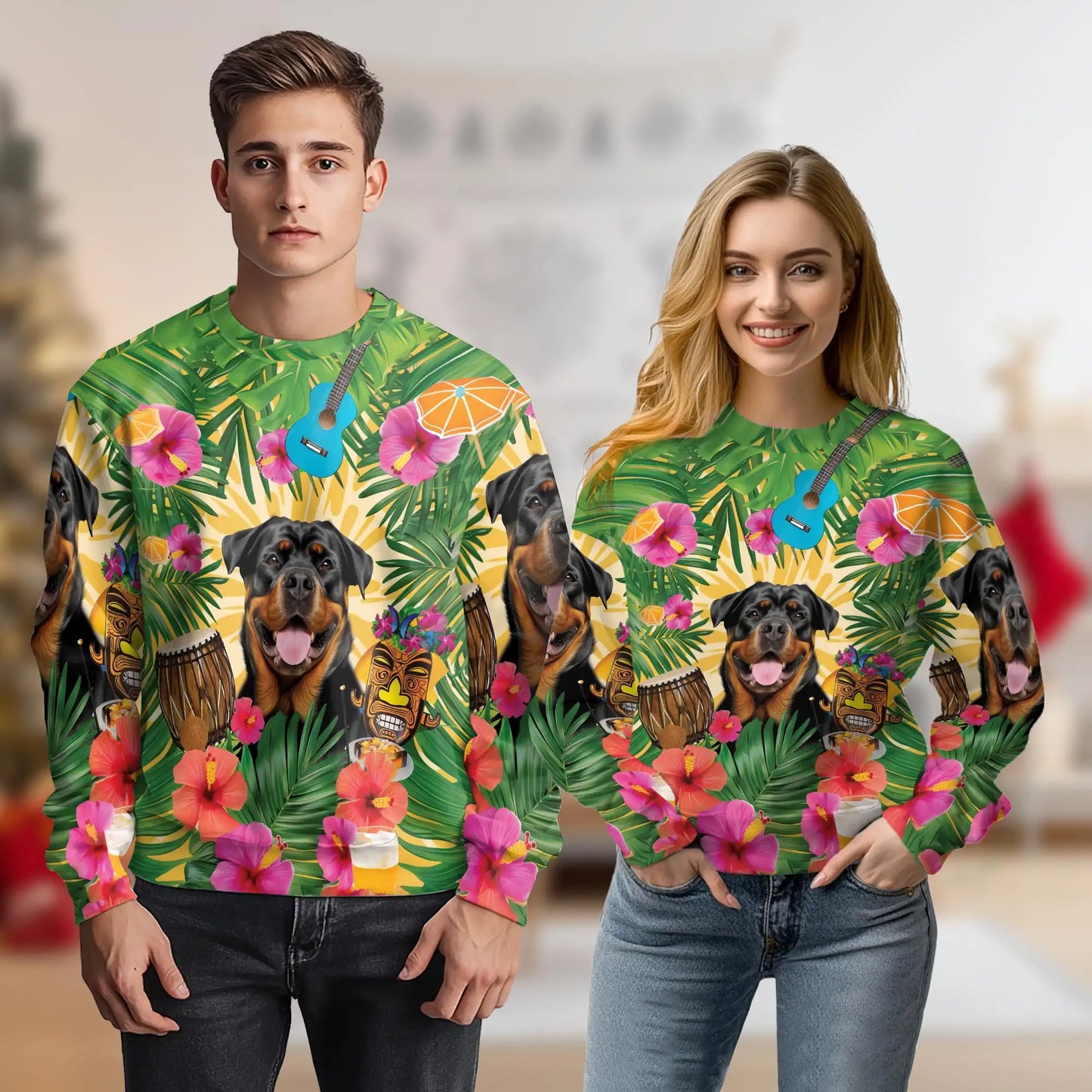 Rottweiler Summer Party Sweatshirt, 3D All Over Print Tropical Dog Crewneck Pullover for Men Women, Rottweiler Lover Gift - Netecom