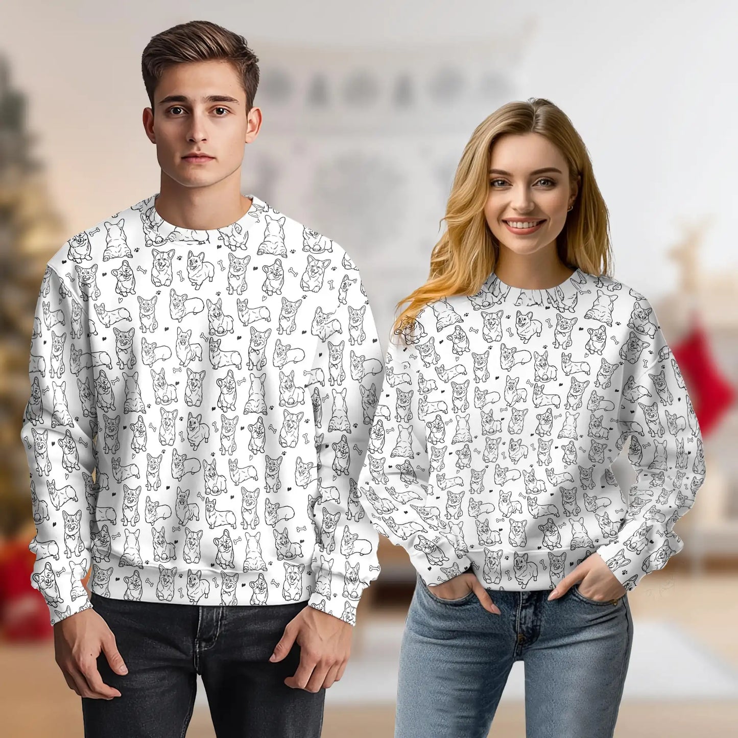 Corgi Line Art Sweatshirt, 3D All Over Print Minimalist Dog Crewneck Pullover for Men Women, Corgi Lover Gift - Netecom