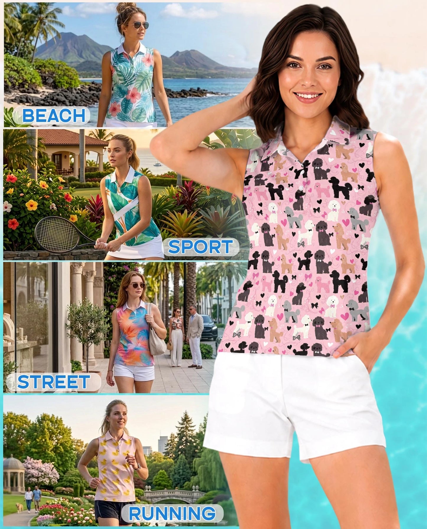 Pink Poodle Print Sleeveless Polo Shirt for Women – Cute Dog Lover Style | Netecom
