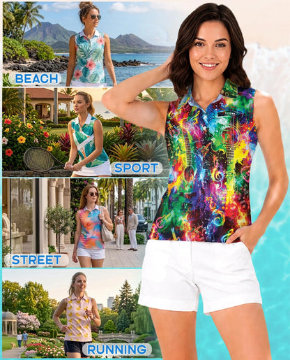 Amazing Rainbow Guitar Sleeveless Polo Shirt for Women| Netecom