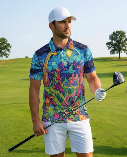 Dinosaur Fantasy Polo Shirt – Colorful Cosmic Art | Netecom