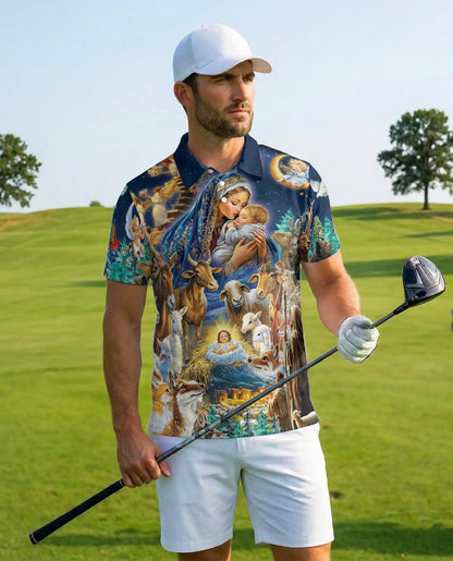Nativity Scene Christmas Polo Shirt for Men- Christian Faith Holy Night | Netecom