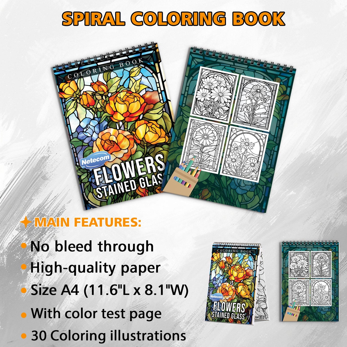 Flowers Stained Glass Spiral Bound Coloring Book, Vibrant Flower Designs in Stained Glass Style, Perfect for Botanical Lovers Seeking a Colorful Challenge