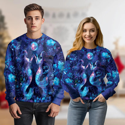 Floral Mermaid Sweatshirt, 3D All Over Print Black Fantasy Sea Crewneck Pullover for Men Women, Mermaid Lover Gift - Netecom