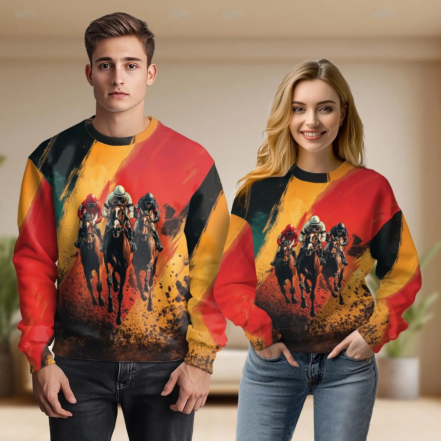Abstract 3D Horse Racing Art Sweatshirt, 3D All Over Print Modern Equestrian Crewneck Pullover for Men Women, Horse Racing Lover Gift - Netecom