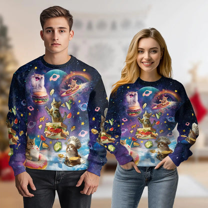 Space Cats Eating Food Sweatshirt, 3D All Over Print Funny Cat Galaxy Crewneck Pullover for Men Women, Cat Lover Gift - Netecom