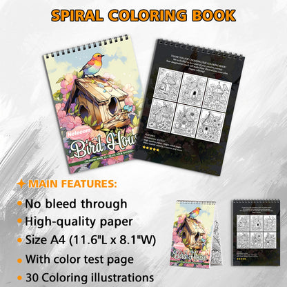 Birdhouse Spiral Bound Coloring Book, Charming Birdhouses for a Peaceful and Artistic Experience, Perfect for Bird Watchers and Nature Lovers