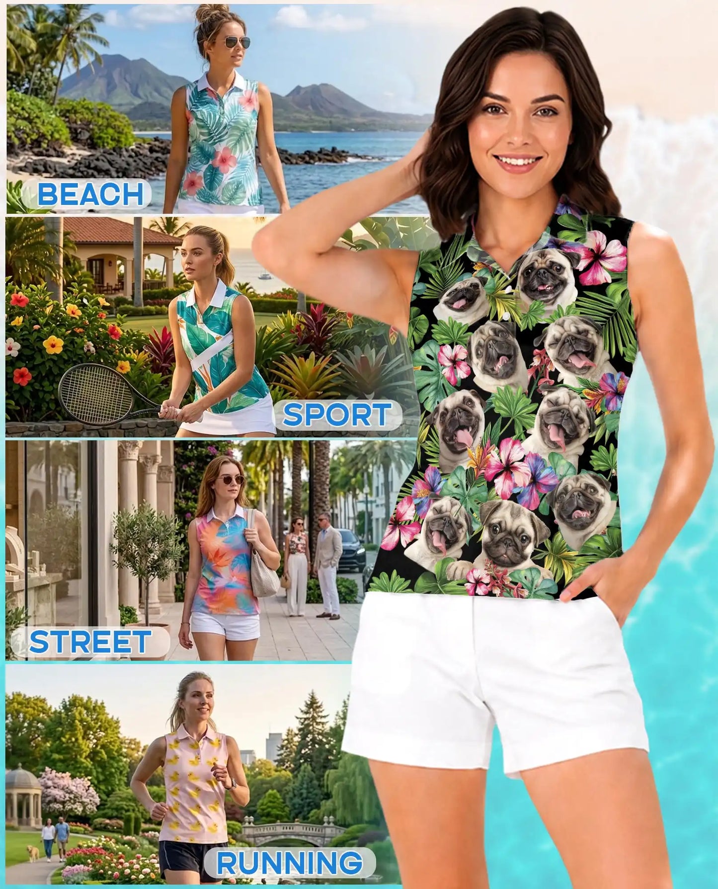 Tropical Pug Sleeveless Polo Shirt for Women – Cute Dog Summer Style | Netecom