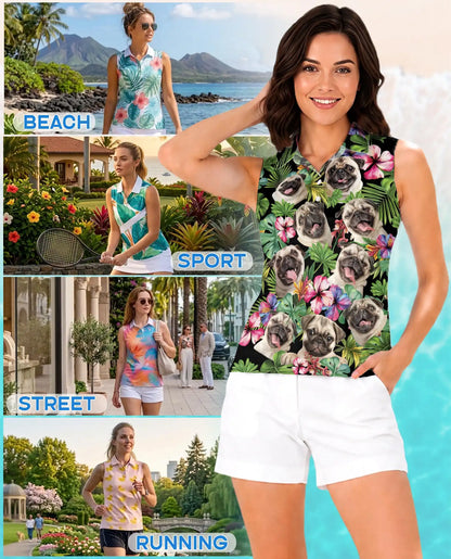 Tropical Pug Sleeveless Polo Shirt for Women – Cute Dog Summer Style | Netecom