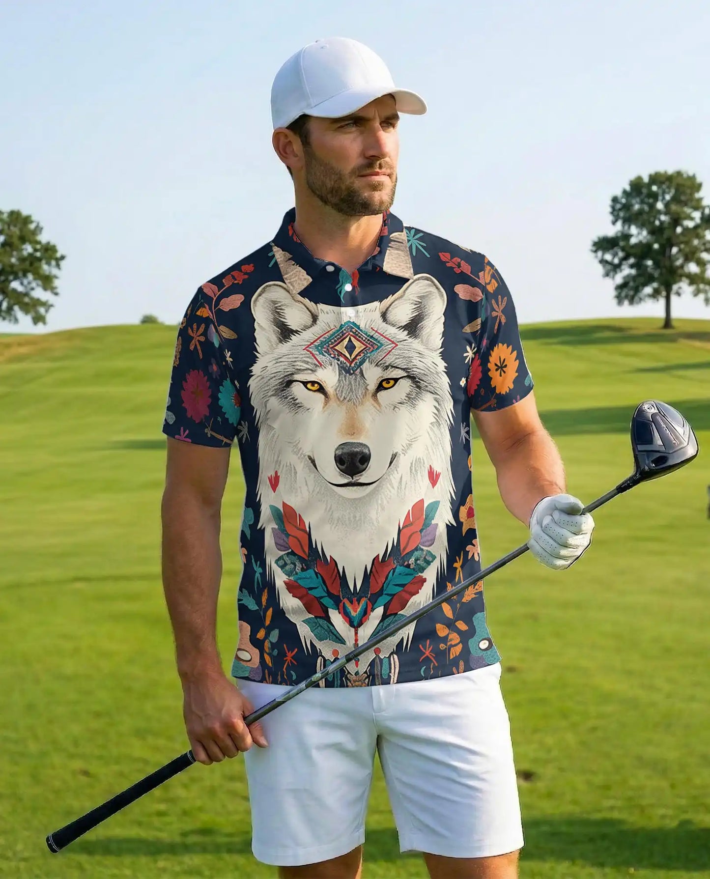 Boho Wolf Polo Shirt - Spirit Animal Nature Style | Netecom
