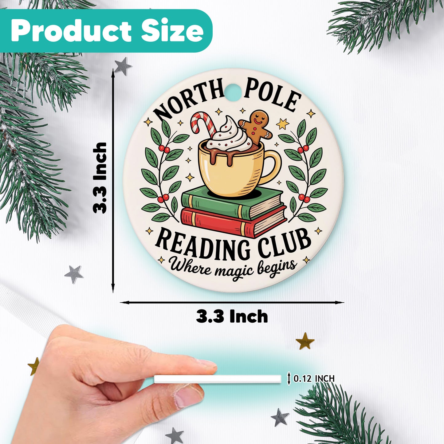 Netecom Classic Reading Book and Coffee Cup Ornament, Reading Club Ceramic Ornament for Xmas Tree Hanging Decorations Gift, Book Lover Gifts for Women Librarian Teacher Bookworm Literature