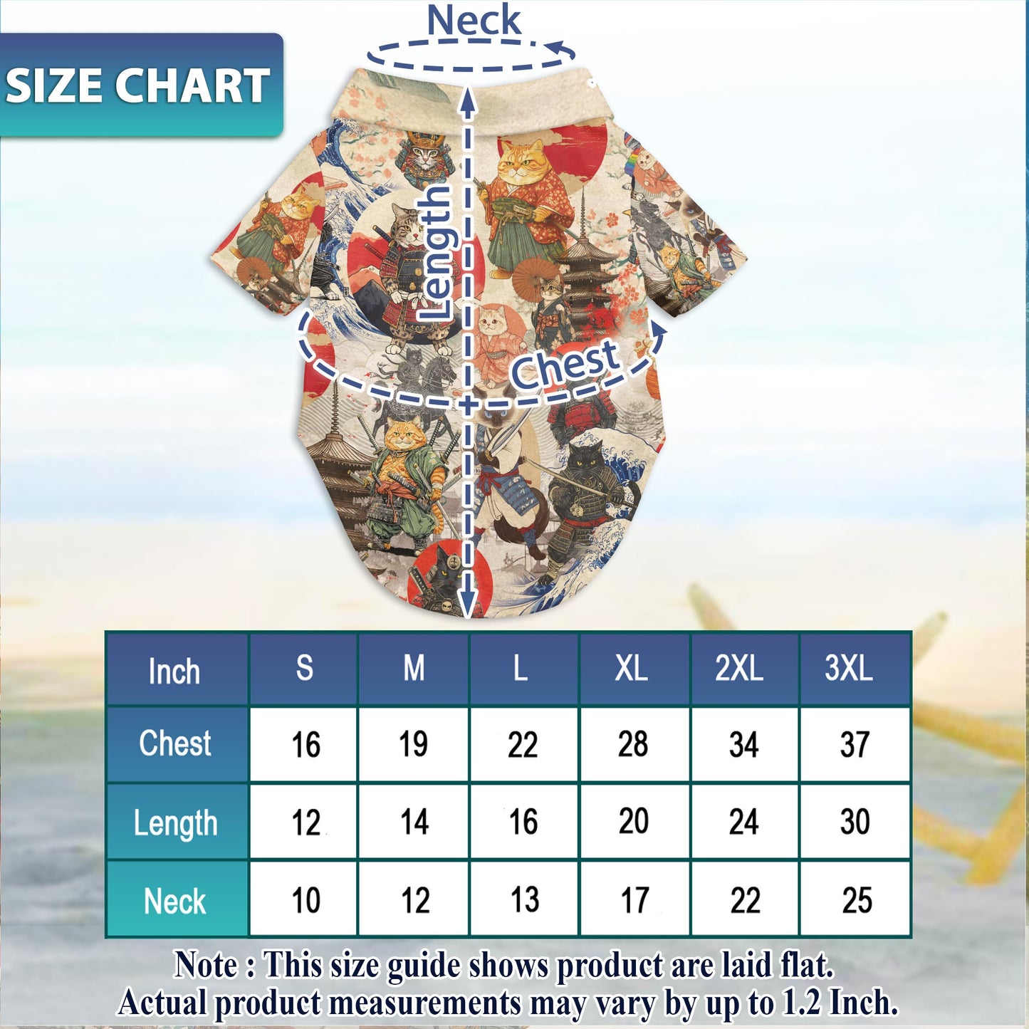 Netecom Matching Japanese Samurai Cat Hawaiian Shirt for Dog and Owner, Aloha Summer Shirt, Samurai Cat Print Outfit for Pet and Human, Beach Vacation Casual Wear