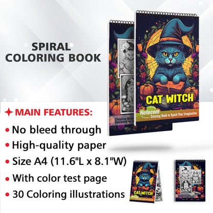 Cat Witch Spiral Bound Coloring Book, Set Your Imagination Ablaze with 30 Witchy Coloring Pages, Celebrating the Magical Connection between Cats and Spells