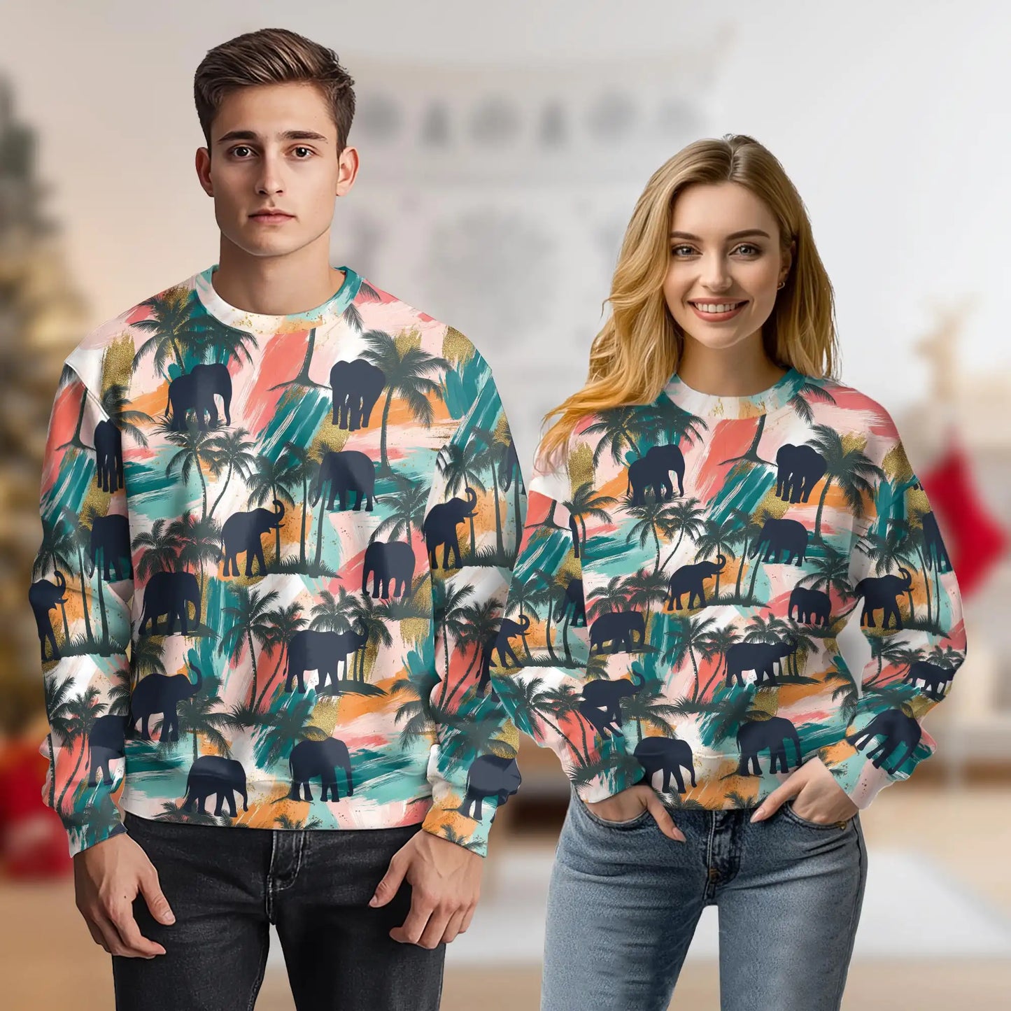 Elephant Coconut Palm Sweatshirt, 3D All Over Print Tropical Animal Crewneck Pullover for Men Women, Elephant Lover Gift - Netecom