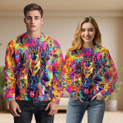 Psychedelic German Shepherd Sweatshirt, 3D All Over Print Colorful Dog Crewneck Pullover for Men Women, German Shepherd Lover Gift - Netecom