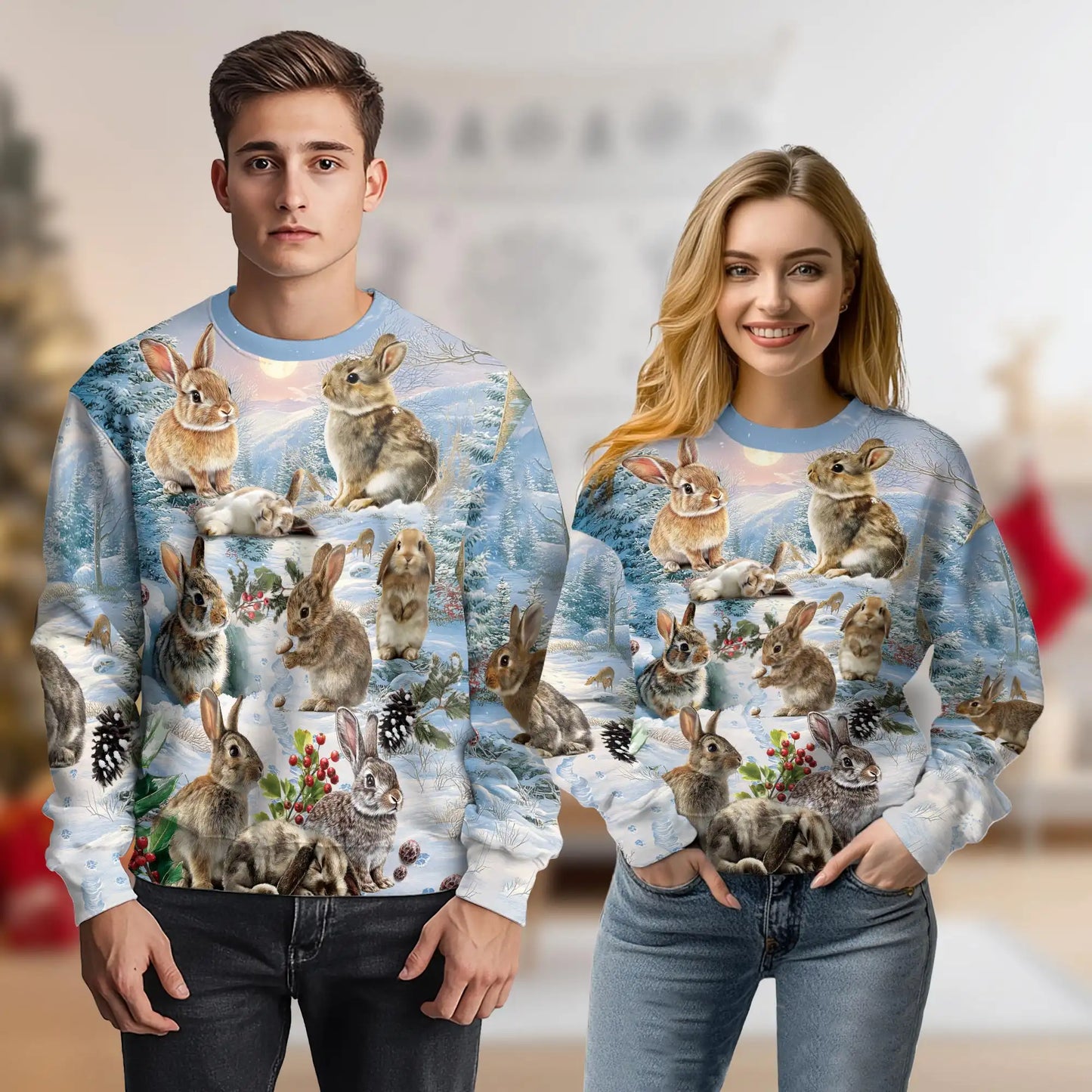Rabbits in Snow Sweatshirt, 3D All Over Print Winter Woodland Crewneck Pullover for Men Women, Rabbit Lover Gift - Netecom