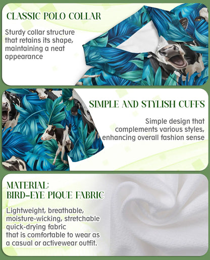 Cow Tropical Leaf 3D Polo Shirt for Men – Farm Animal Hawaiian Style | Netecom