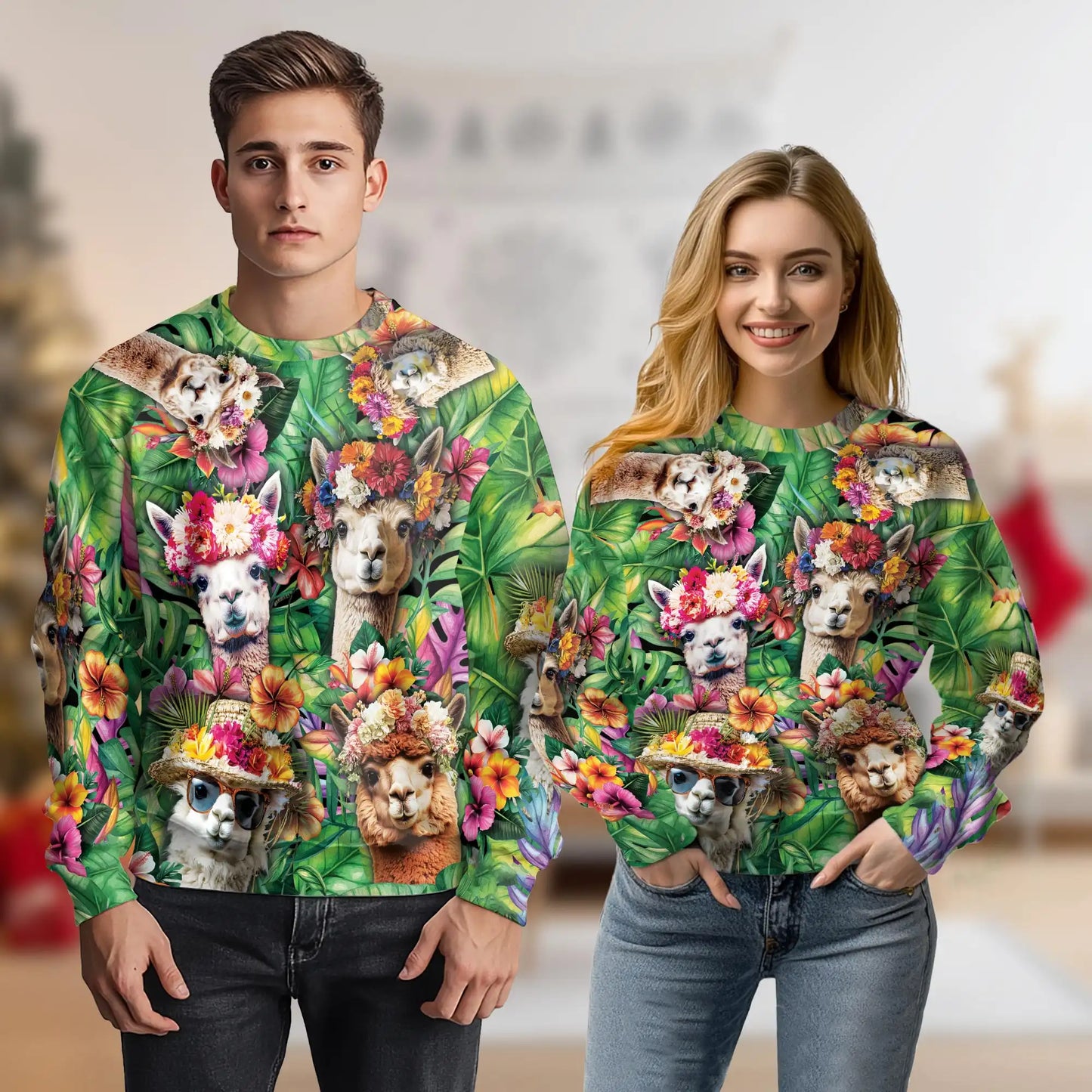 Funny Llama Tropical Sweatshirt, 3D All Over Print Colorful Beach Animal Crewneck Pullover for Men Women, Llama Lover Gift - Netecom