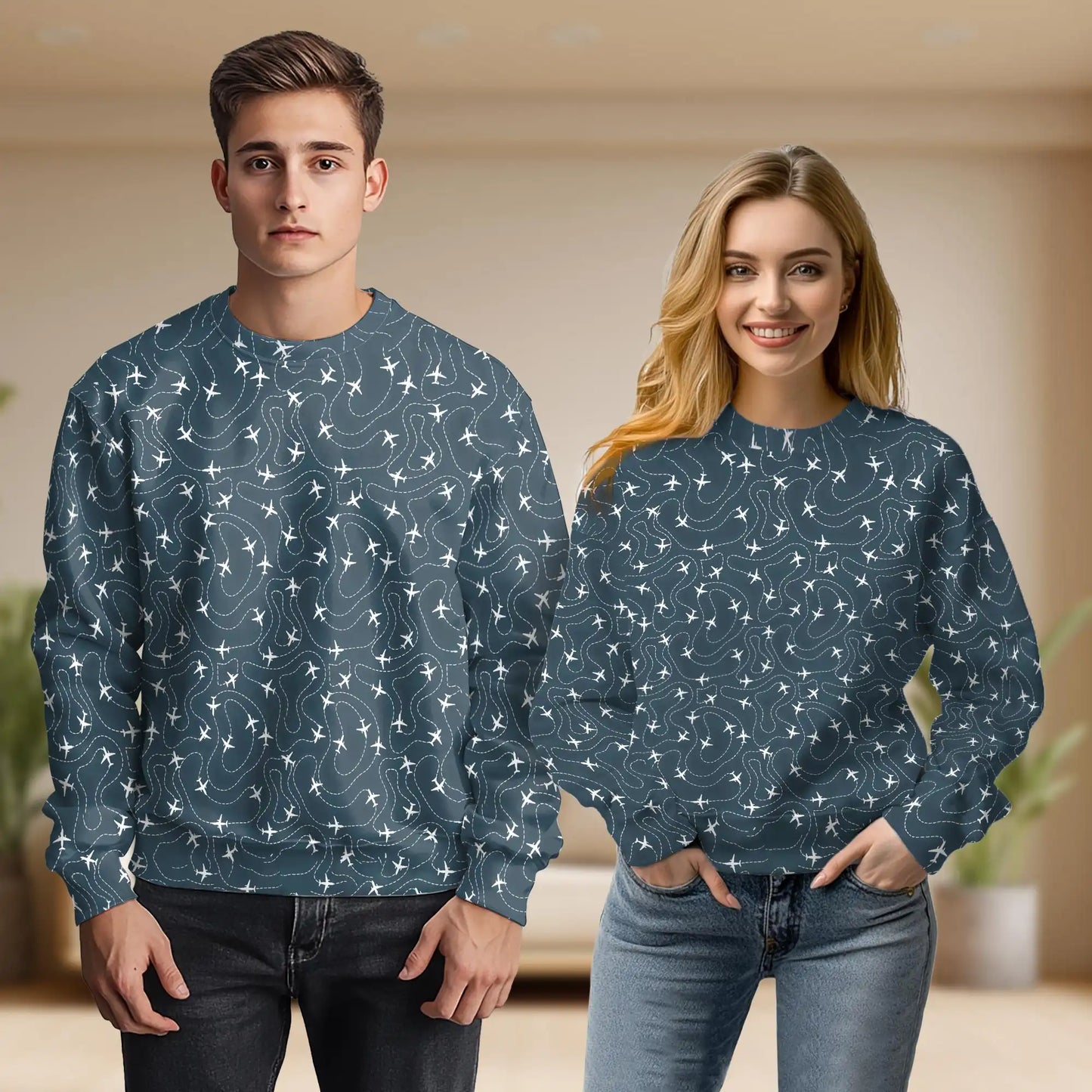 Airplane Trail Pattern Sweatshirt, 3D All Over Print Aviation Sky Crewneck Pullover for Men Women, Airplane Lover Gift - Netecom