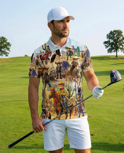Vintage Desert Cowboy Cats Polo Shirt for Men – Western Animal Style | Netecom