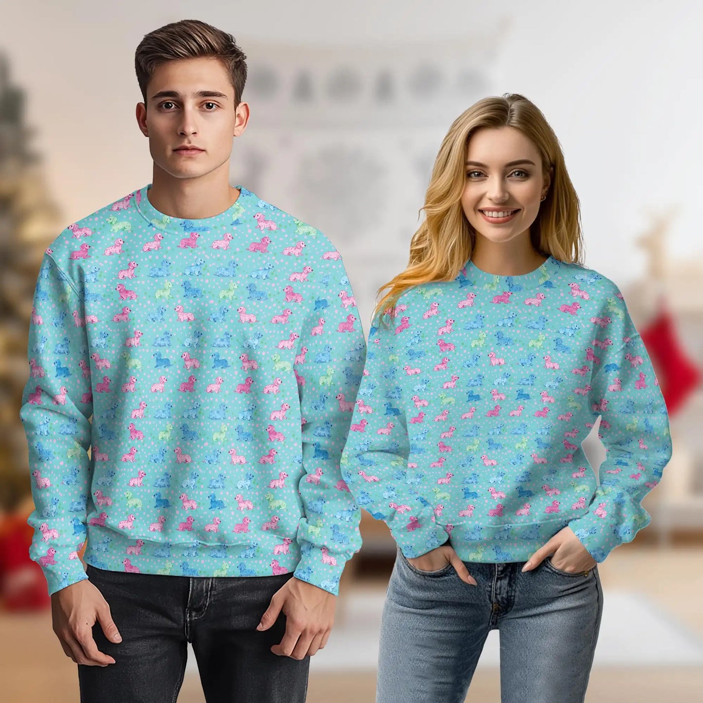Pastel Dachshund Polka Dot Sweatshirt, 3D All Over Print Cute Dog Crewneck Pullover for Men Women, Dachshund Lover Gift - Netecom