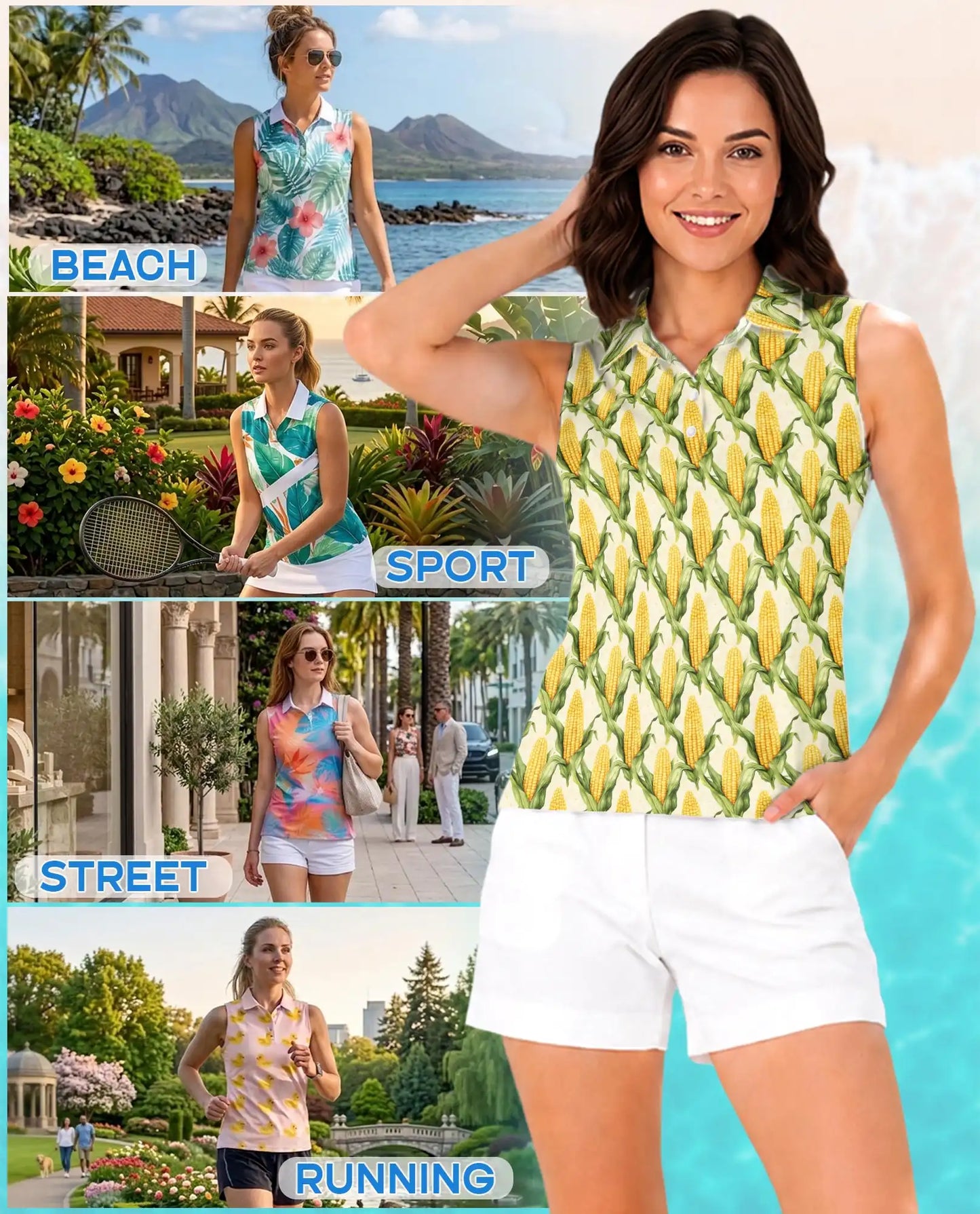 Sweet Corn Pattern Sleeveless Polo Shirt for Women – Cute Food Lover Style | Netecom