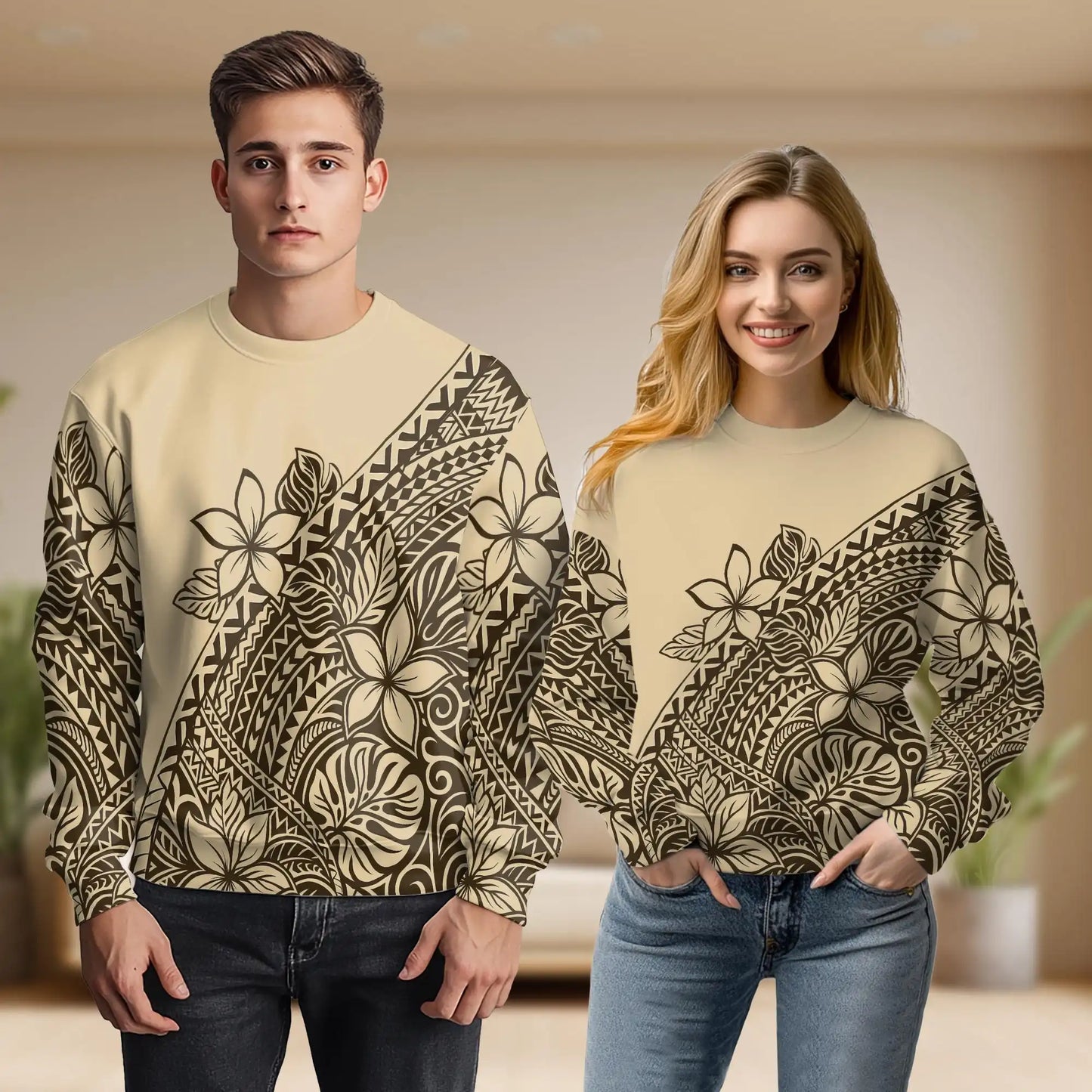 Tribal Tropical Flowers Beige Sweatshirt, 3D All Over Print Polynesian Floral Crewneck Pullover for Men Women, Tropical Flower Lover Gift - Netecom