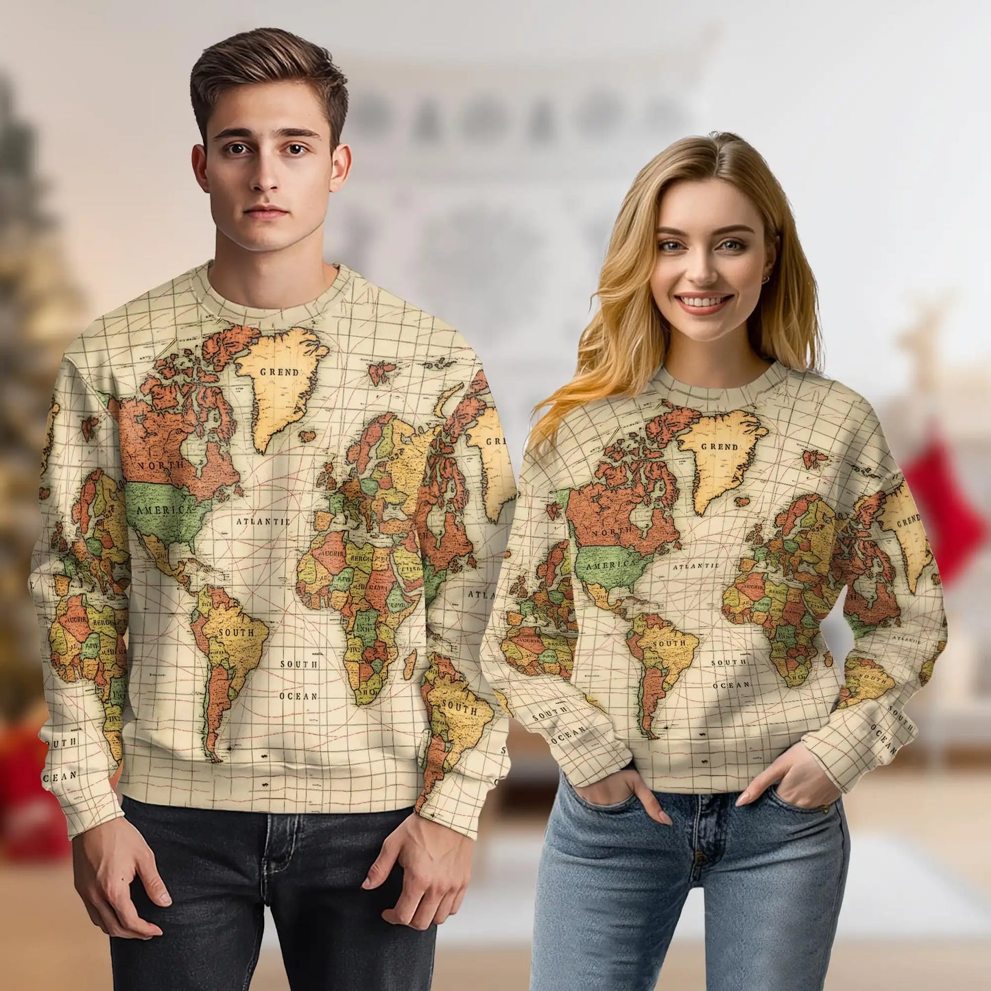 Vintage Earth Cartography Sweatshirt, 3D All Over Print Antique World Map Crewneck Pullover for Men Women, Travel Lover Gift - Netecom