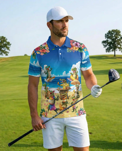 Funny Alligator Beach Hawaiian Polo Shirt | Netecom