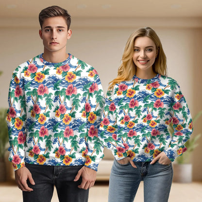 Palm Tree Floral Beach Sweatshirt, 3D All Over Print Tropical Flower Crewneck Pullover for Men Women, Beach Lover Gift - Netecom