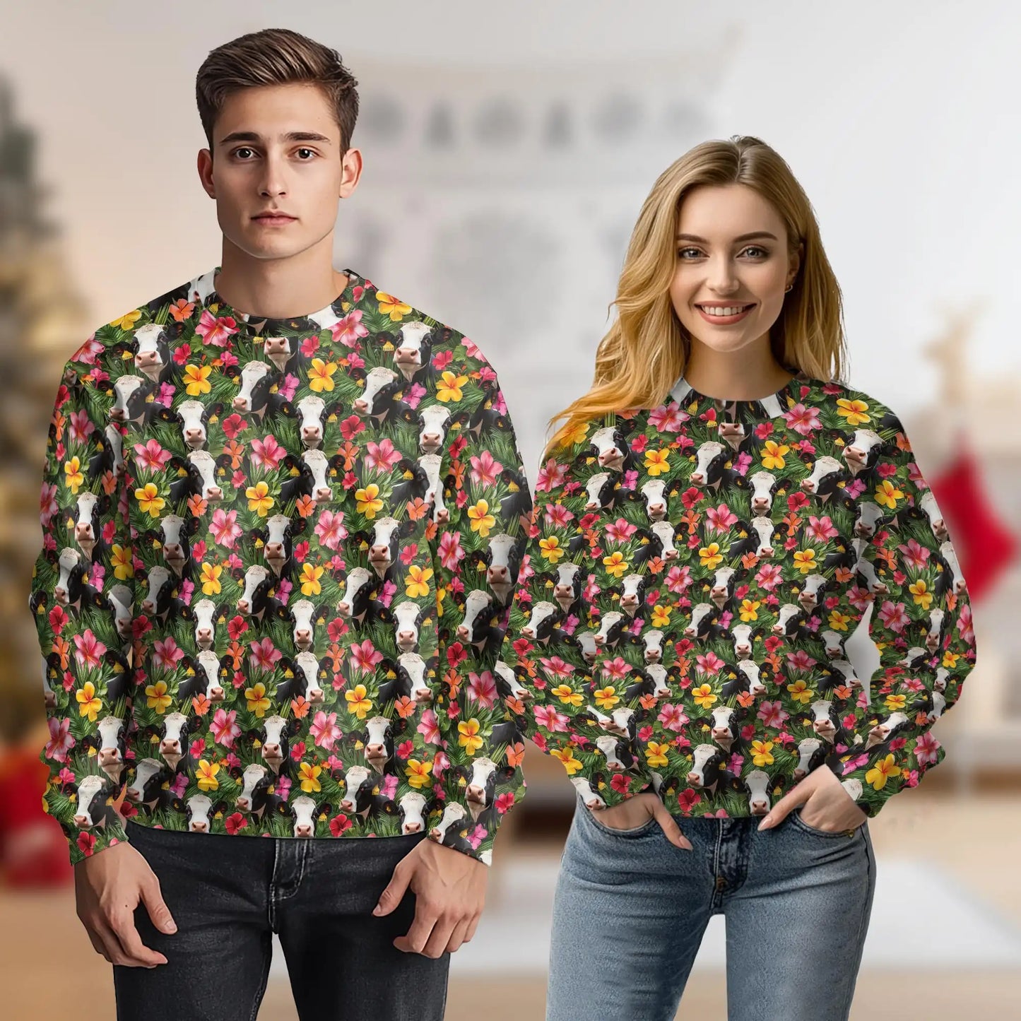 Tropical Holstein Cow Sweatshirt, 3D All Over Print Floral Cow Crewneck Pullover for Men Women, Cow Lover Gift - Netecom